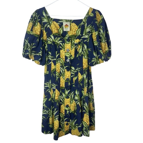 Farm Rio Navy Blue Delicate Pineapple LENZING ECOVERO EUROFLEX Mini Dress Size M - Picture 3 of 11